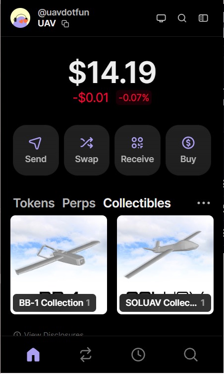 UAV partnership NFTs shown inside a Solana wallet